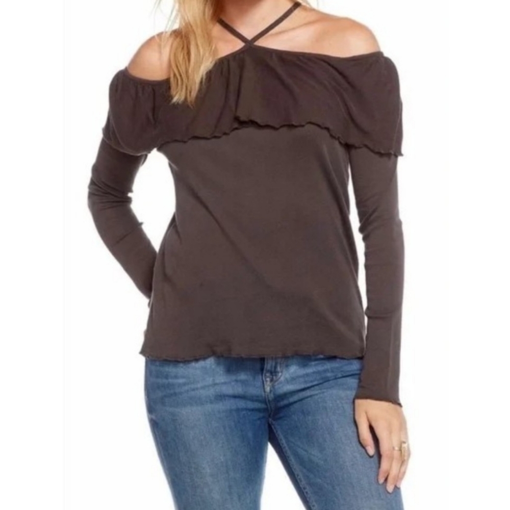 NWT Chaser Grey Ruffle cold shoulder long-sleeved halter top
